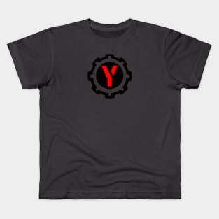 Red Letter Y in a Black Industrial Cog Kids T-Shirt